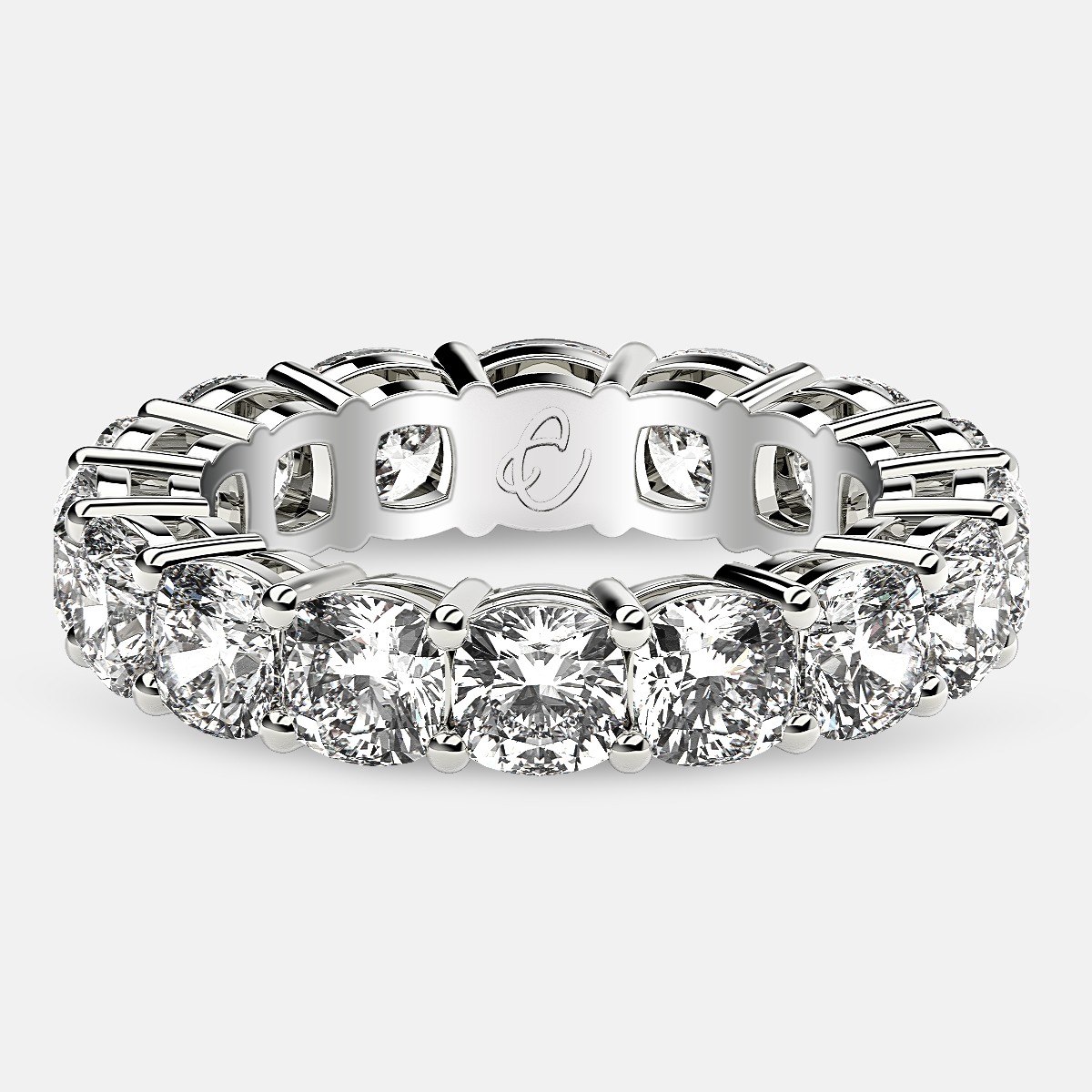 Open Gallery Eternity Ring with Cushion Cut Diamonds in Platinum