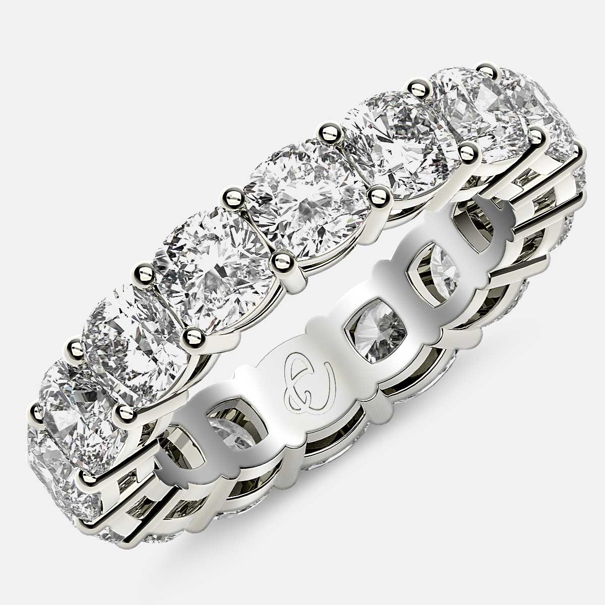 Open Gallery Eternity Ring with Cushion Cut Diamonds in Platinum