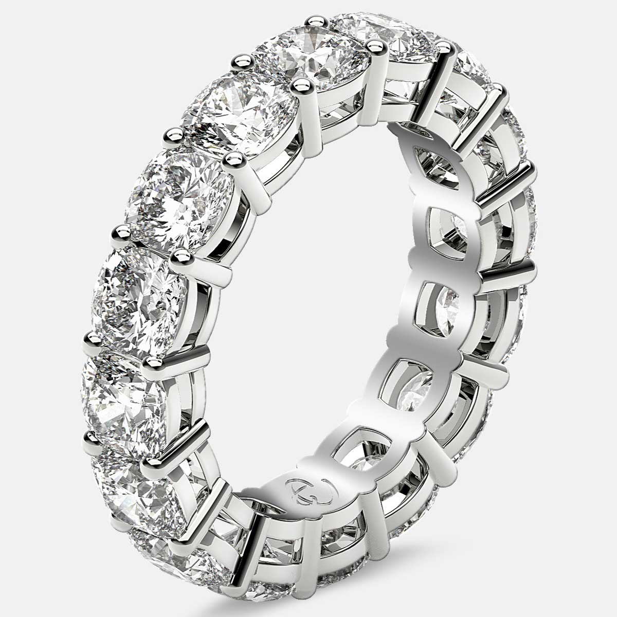 Open Gallery Eternity Ring with Cushion Cut Diamonds in Platinum