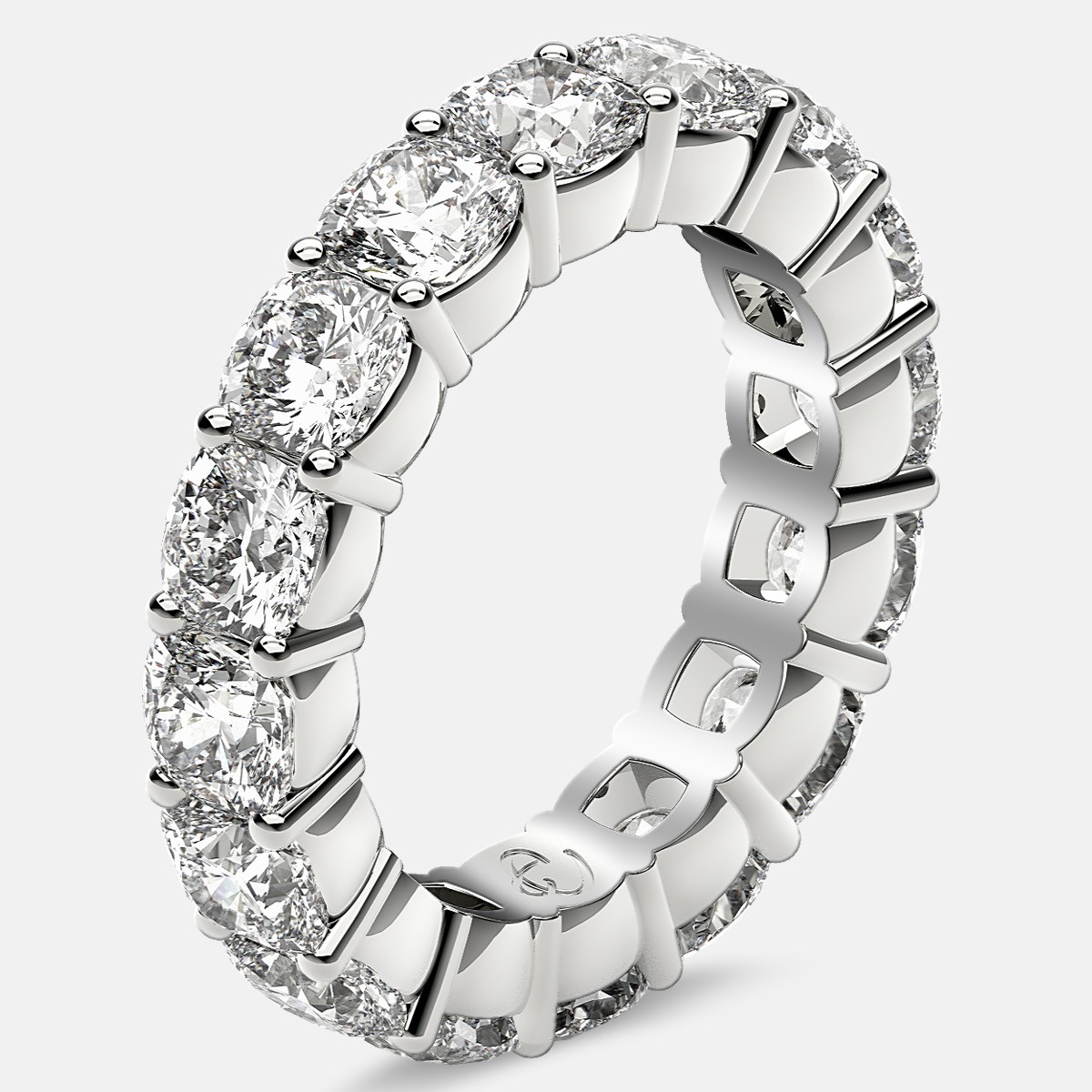 Eternity Ring with Prong Set Cushion Cut Diamonds in Platinum