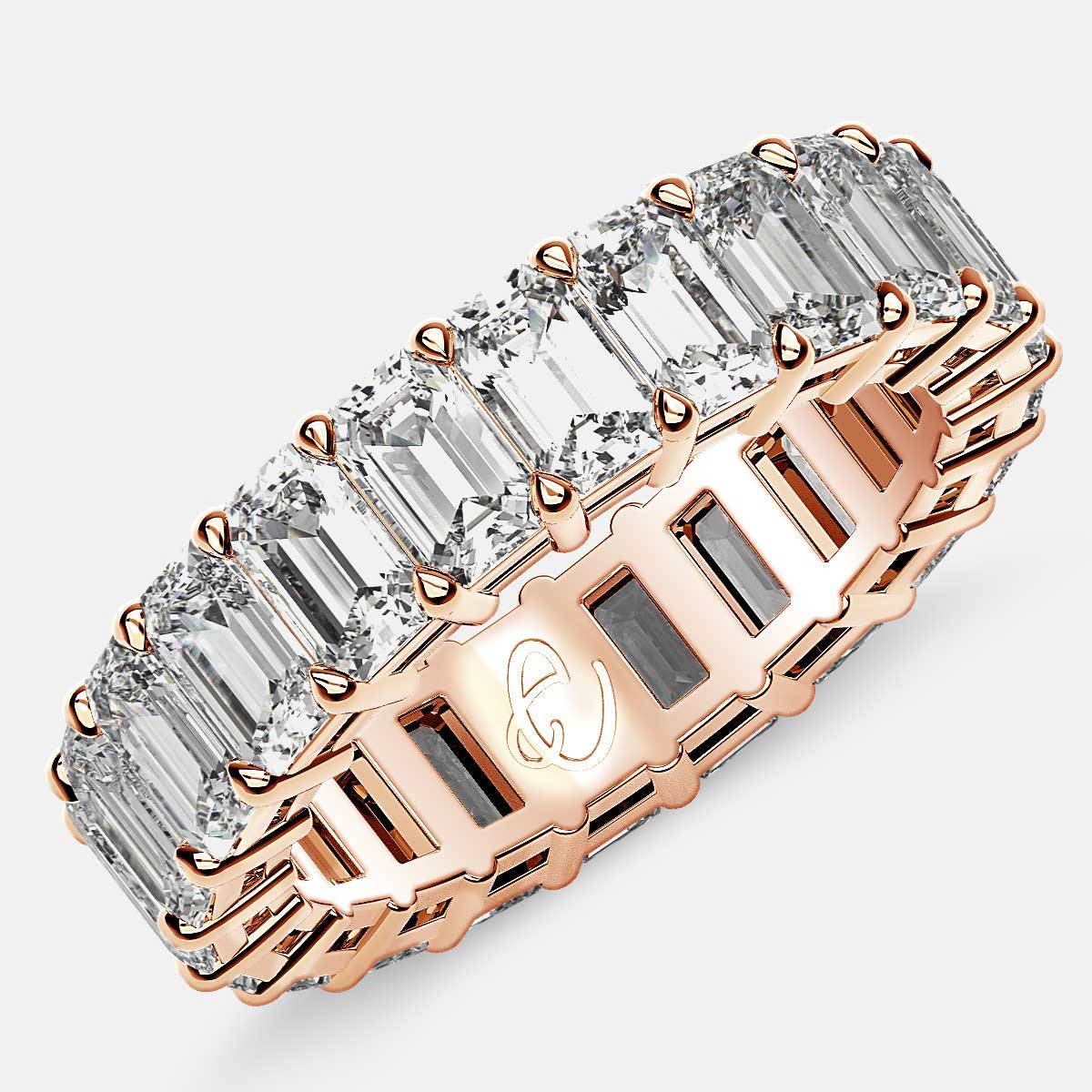 Eternity Ring with Prong Set Emerald Cut Diamonds in 18k Rose Gold