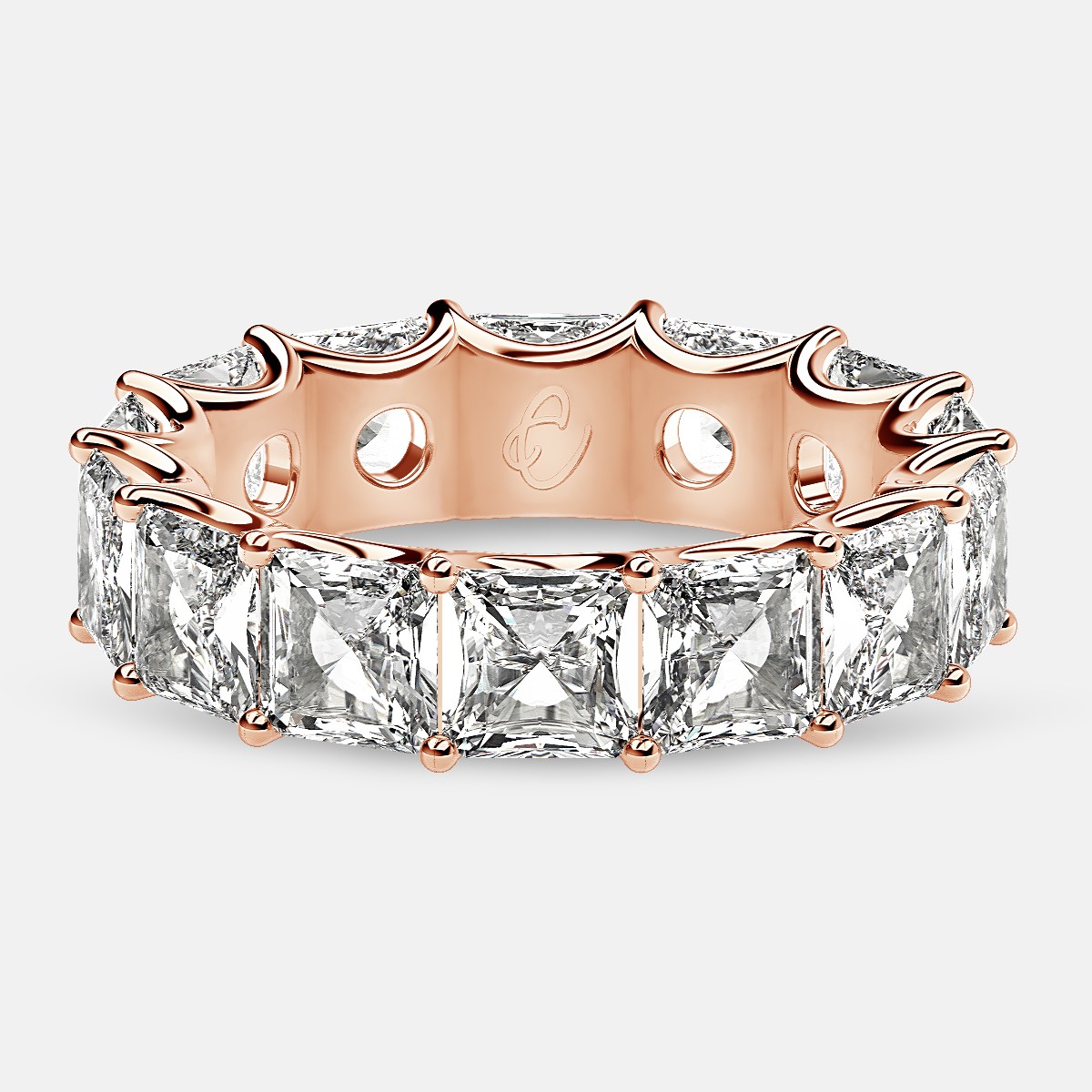 Curved Prong Eternity Ring with Radiant Diamonds in 18k Rose Gold