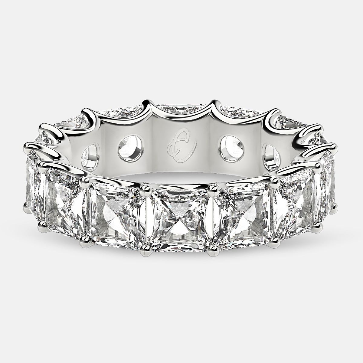 Curved Prong Eternity Ring with Radiant Diamonds in 18k White Gold