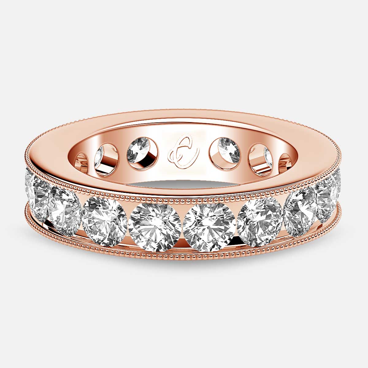 Channel Set Beaded Eternity Ring with Round Diamonds in 18k Rose Gold