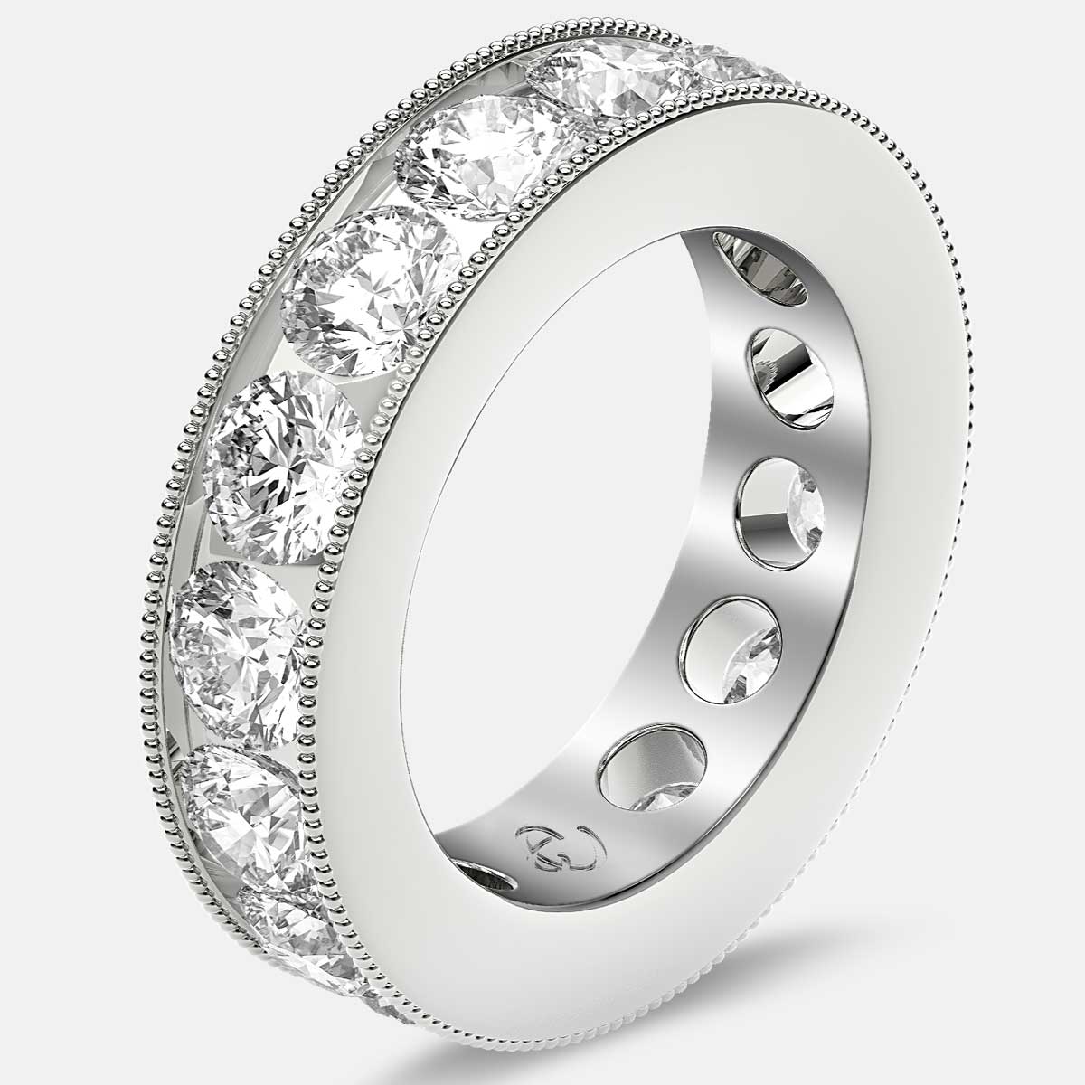 Channel Set Beaded Eternity Ring with Round Diamonds in 18k White Gold