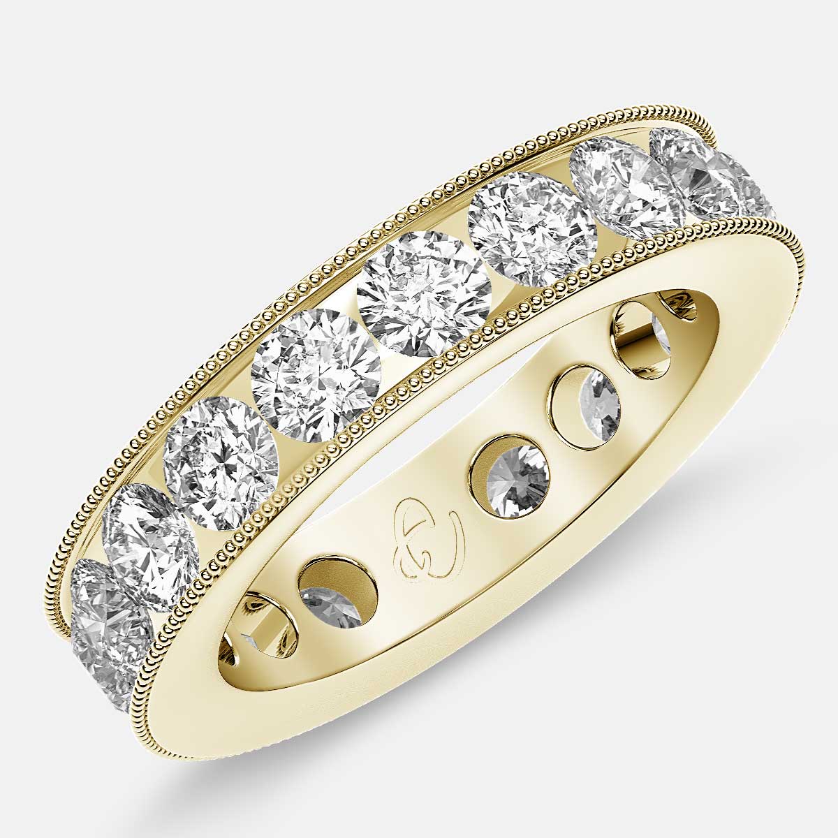 Channel Set Beaded Eternity Ring with Round Diamonds in 18k Yellow Gold